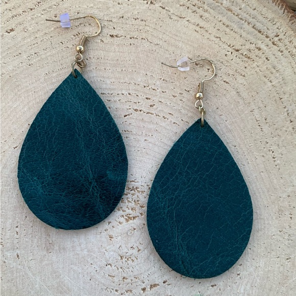 Genuine Teal Leather Teardrop Lightweight Dangle Statement Earrings - Picture 2 of 4